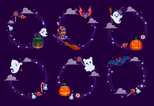万圣节框架与卡哇伊鬼，圆边框图片下载