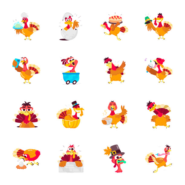 一套扁平风格可爱的火鸡活动图片下载