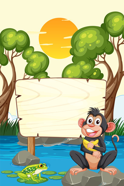 一只猴子和一只青蛙在河边的指示牌旁图片下载