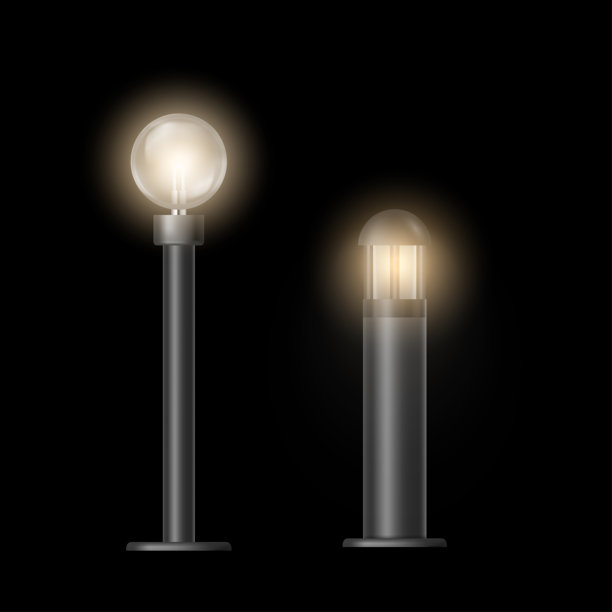 街道景观配件及设计。矢量隔离的一组现实的路径灯。带有灯泡和昏暗照明的现代简单灯柱。城市或城镇装饰、电气系统图片下载