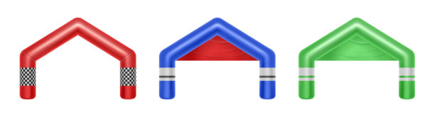 运动比赛用充气起终点拱。向量孤立的一组现实的拱门，三角形的大门为户外活动和运动的挑战。马拉松比赛图片下载