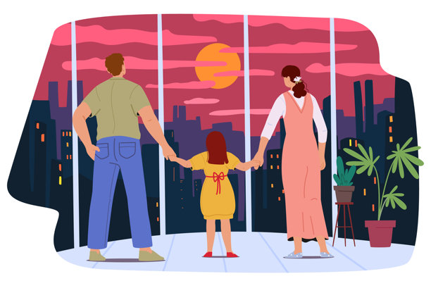 一家人站在一起，透过高层公寓的大窗户看日落，俯瞰城市图片下载