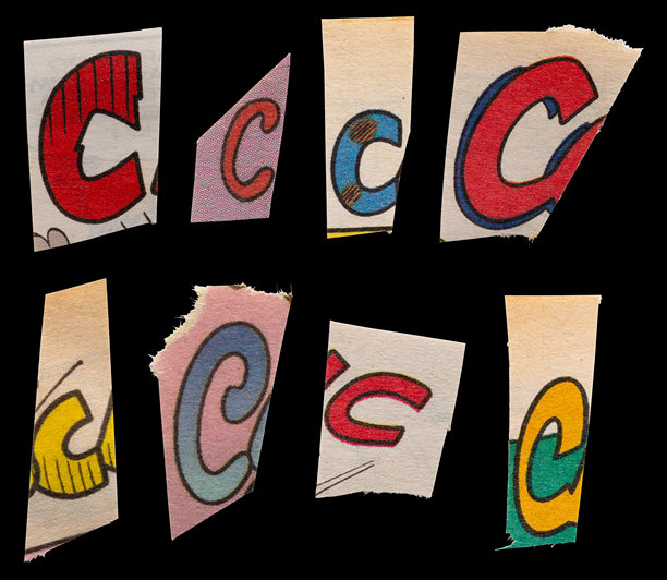 赎金字体类型C从打印输出杂志切割，拼贴元素平面设计，jpg隔离在黑色背景图片下载