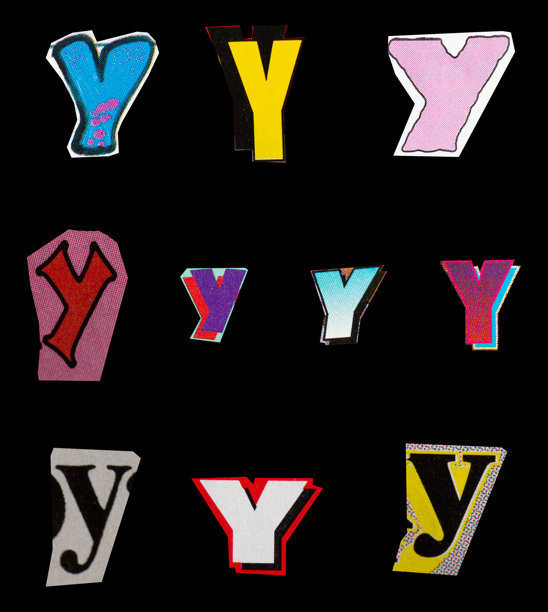 赎金字体类型Y从打印输出杂志切割，拼贴元素的平面设计，jpg隔离在黑色背景图片下载
