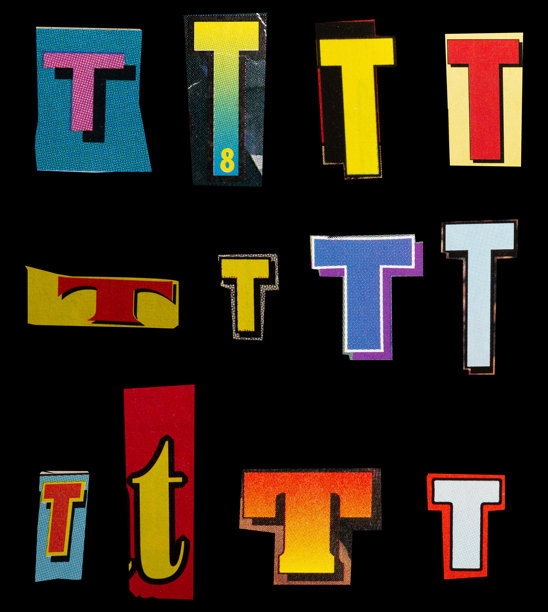 赎金字体类型T从打印输出杂志切割，拼贴元素平面设计，jpg隔离在黑色背景图片下载