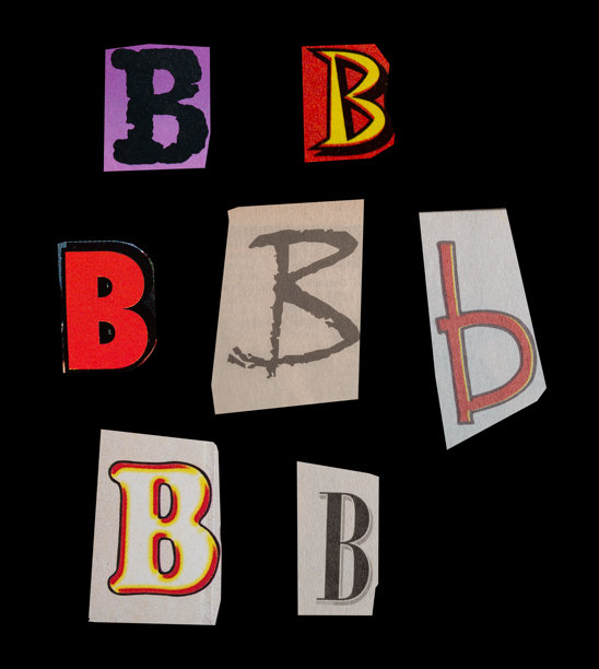 赎金字体类型B从打印输出杂志切割，拼贴元素的平面设计，jpg隔离在黑色背景图片下载