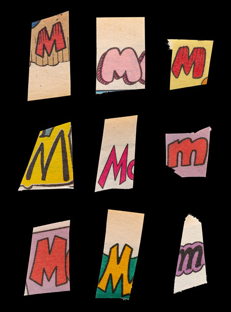 赎金字体类型M从打印输出杂志切割，拼贴元素的平面设计，jpg隔离在黑色背景图片下载