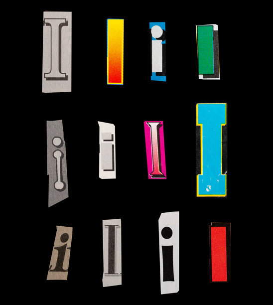 赎金字体类型I从打印输出杂志切割，拼贴元素平面设计，jpg隔离在黑色背景图片下载