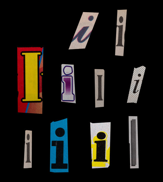 赎金字体类型I从打印输出杂志切割，拼贴元素平面设计，jpg隔离在黑色背景图片下载