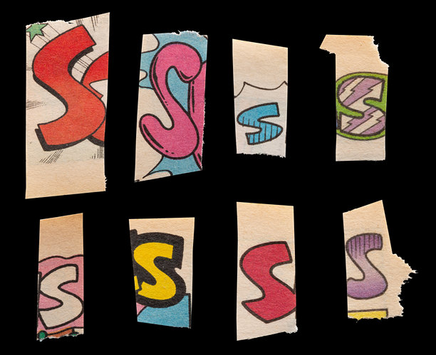 赎金字体类型S从打印输出杂志切割，拼贴元素的平面设计，jpg隔离在黑色背景图片下载