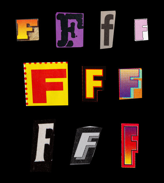 赎金字体类型F从打印输出杂志切割，拼贴元素的平面设计，jpg隔离在黑色背景图片下载