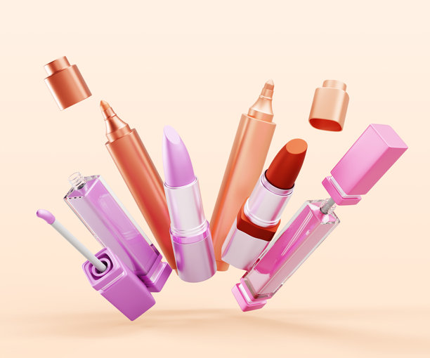 3d飞天彩妆产品，美妆爆炸渲染模型横幅。豪华宣传海报与红色口红，粉红色液体唇彩管，裸色唇色在米色背景图片下载