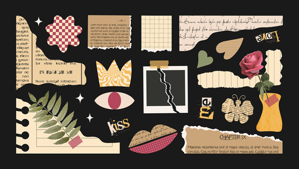 剪纸元素设置拼贴画或剪贴簿。撕破的旧报纸，树叶和花朵，废弃的笔记本纸，复古的公报，蝴蝶，语录，皇冠。时髦的相框，嘴唇，心和眼睛。图片下载