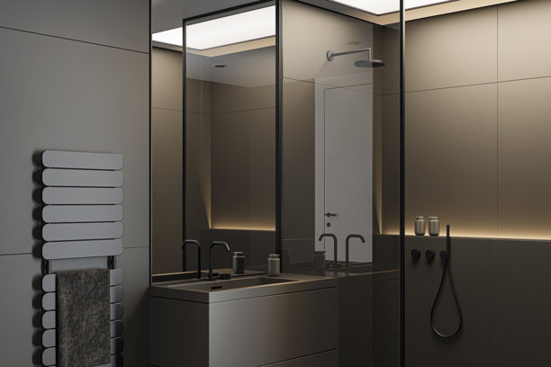 黑色现代极简主义斯堪的纳维亚浴室，黑色哑光饰面和大瓷砖图片下载