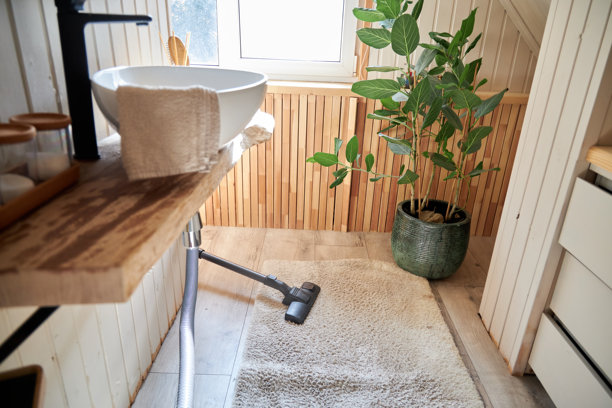 用吸尘器清扫浴室的白地毯图片下载