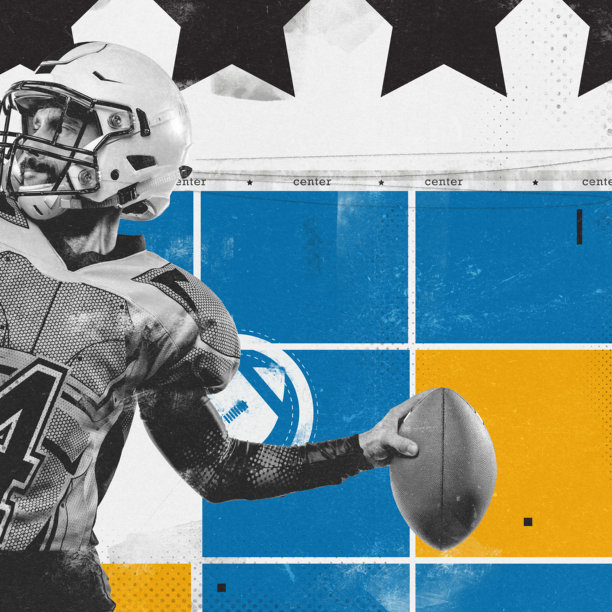 海报。当代艺术品。足球运动员在准备传球时看起来很坚定，背景是动态的。纸纹理。复古风格设计。图片下载