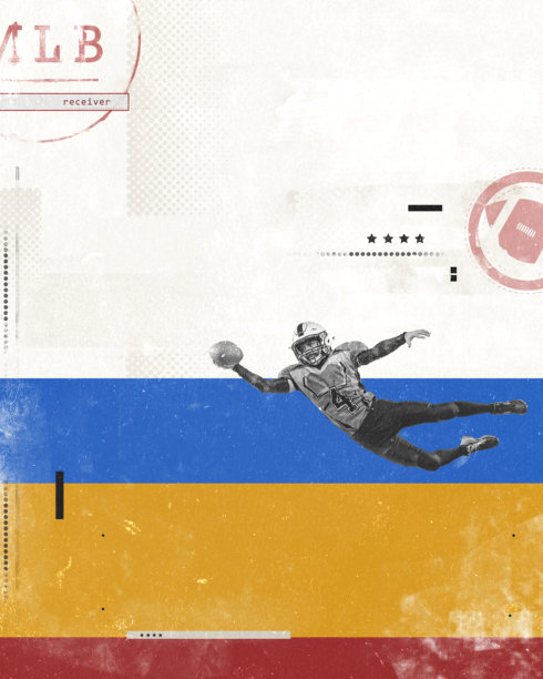 海报。当代艺术品。足球接球手在半空中俯冲，动态接球。纸纹理。复古风格设计。图片下载