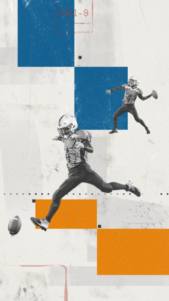 海报。当代艺术品。足球运动员在行动，在各种动态的姿势对几何背景。纸纹理。复古风格设计。图片下载