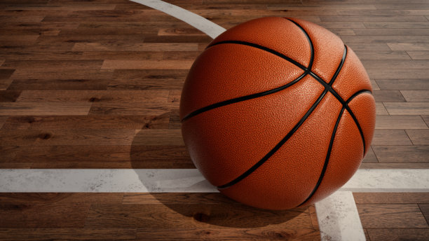 球场上篮球的特写镜头。3d，渲染，插图，图片下载