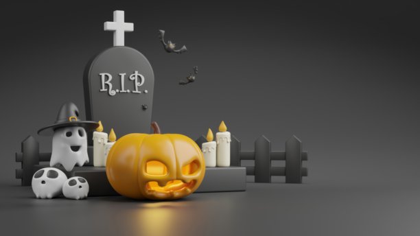 万圣节南瓜在黑暗背景上的3d渲染图片下载