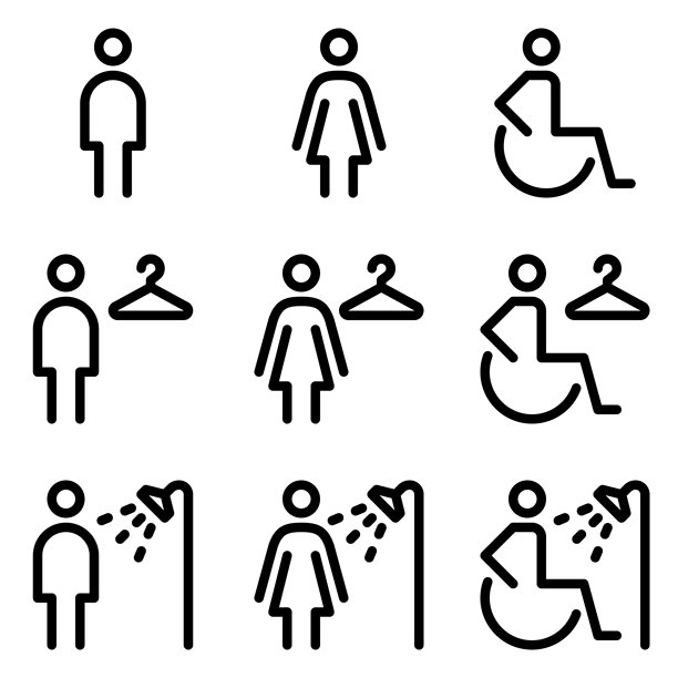 洗手间，淋浴间和更衣室线图标集图片下载