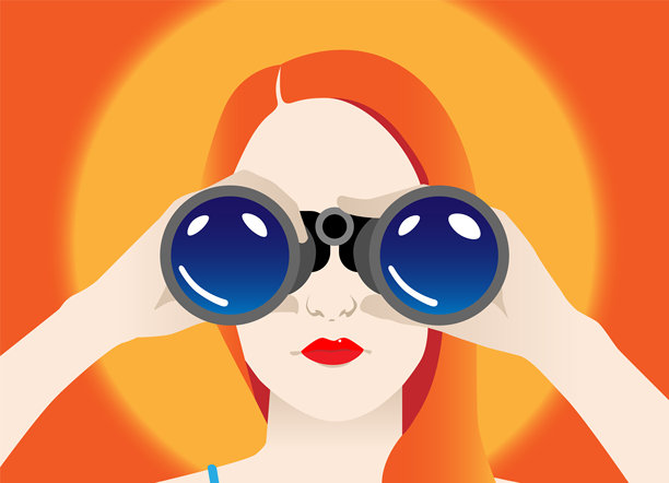 红发女人拿着双筒望远镜，彩色矢量插图。温暖的色调图片下载