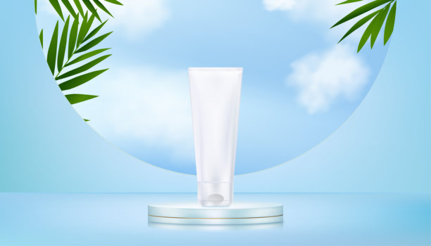 商业背景，蓝色工作室的产品设计，3D讲台底座展示，棕榈叶，夏日天空，美丽的云，化妆品横幅，春季品牌展示的矢量模板舞台模型图片下载