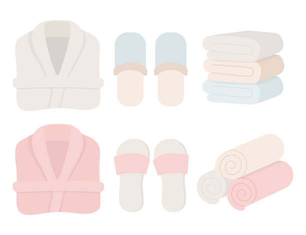 全套浴袍、拖鞋和毛巾。浴室、桑拿、水疗等元素。卡通平面插图。图片下载