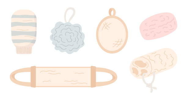 沐浴、沐浴、按摩、脱皮用毛巾、丝瓜海绵。美容、自我护理、浴室、桑拿用品。卡通平面插图。图片下载