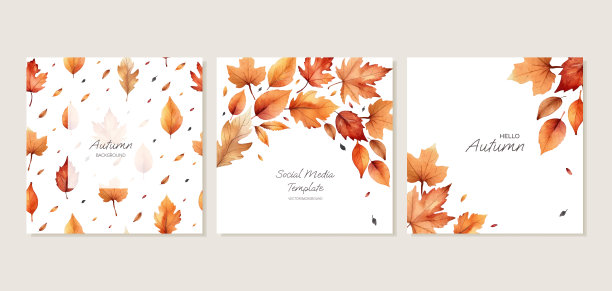 方形模板与秋天水彩手绘叶子的社交媒体。向量图片下载