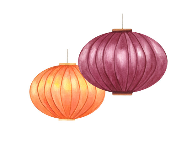 两个挂橙、紫纸灯笼水彩庆祝孤立插图。色彩鲜艳的排灯节灯，用于印度或中国的灯节。节日元素的家庭装饰，贺卡图片下载