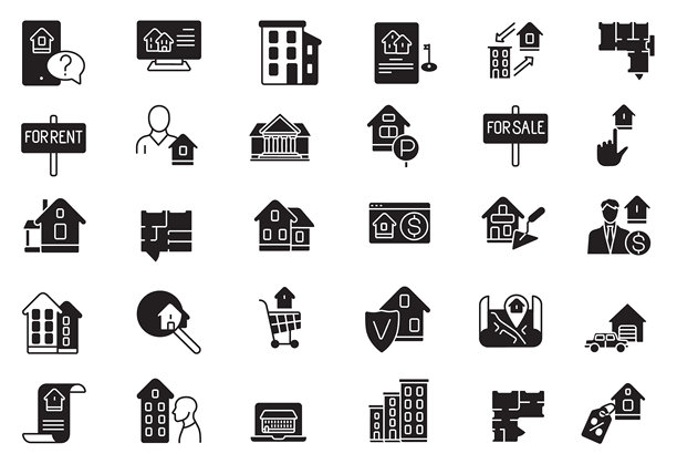 房地产和物业管理图标集在纯黑色，涵盖销售，租赁和建筑布局图片下载