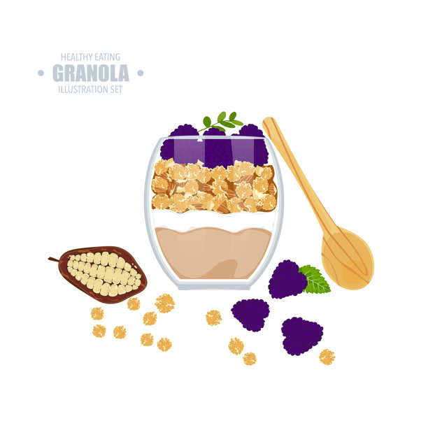 健康食品的矢量插图，水果，浆果，桑葚，可可与酸奶和格兰诺拉麦片，以及美味的奶油甜点在一个杯子里隔离的背景坚果，谷物和燕麦片在一个杯子里图片下载