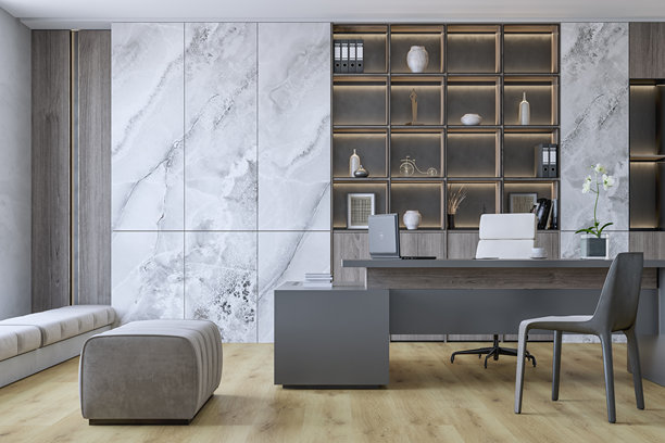 一个现代家庭办公室的正面视图，简约的设计，桌子，装饰，符合人体工程学的椅子，柔软的长凳和窗户图片下载