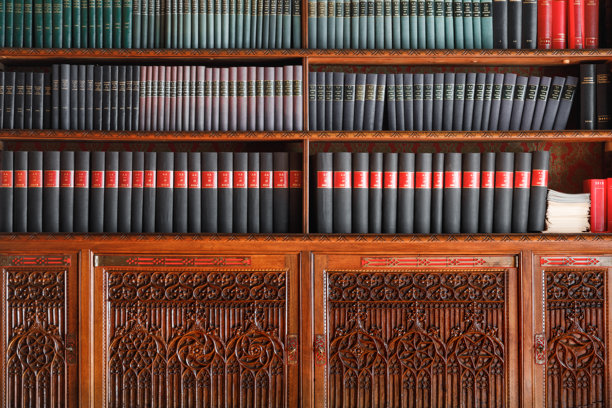 旧图书馆的正面视图，在历史悠久的市长办公室在法国安布罗内市政厅的木制书架图片下载