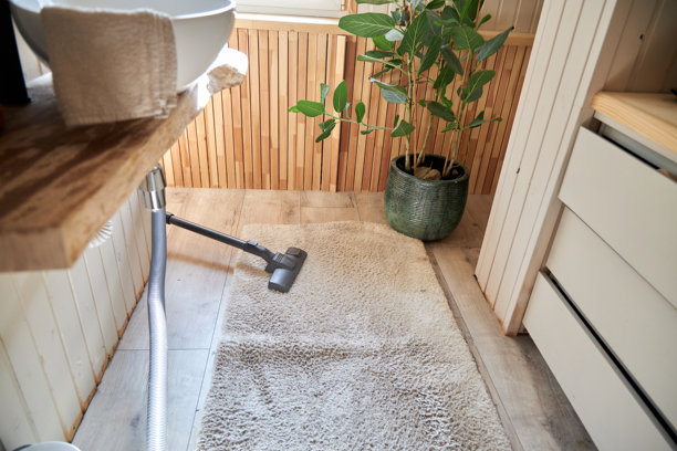 用吸尘器清扫浴室的白地毯图片下载