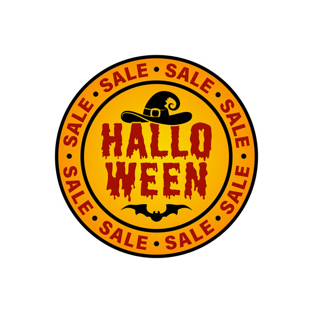 万圣节销售圆形徽章，标签，邮票，印记，徽章，贴纸与女巫帽子，蝙蝠和万圣节销售文字图片下载