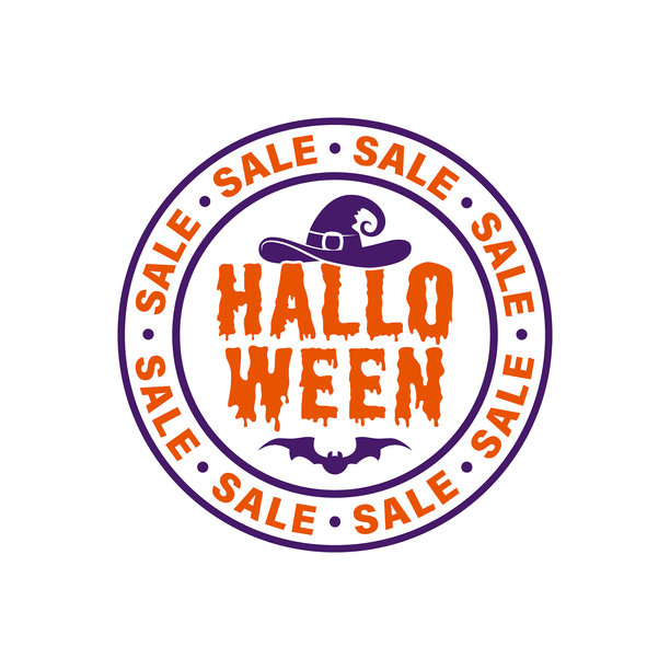 万圣节销售圆形徽章，标签，邮票，印记，徽章，贴纸与女巫帽子，蝙蝠和万圣节销售文字图片下载