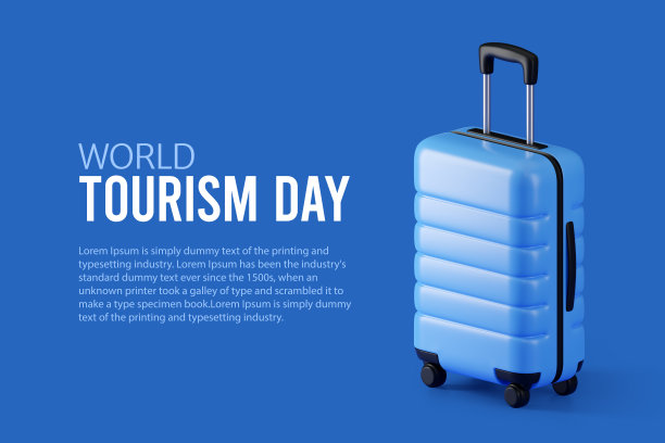 世界旅游日概念。蓝色背景上的蓝色行李箱和复制空间。旅游旅行袋3D渲染插画图片下载