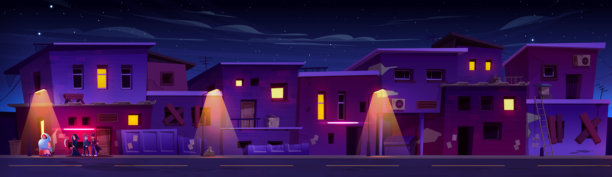 穿着万圣节狂欢节服装的小孩在贫民窟街上图片下载