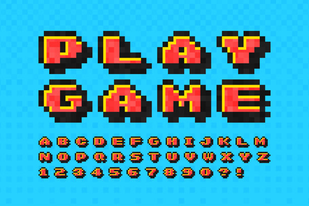 像素矢量字母设计，类似于8位游戏。高对比度和锐利，复古未来主义。图片下载
