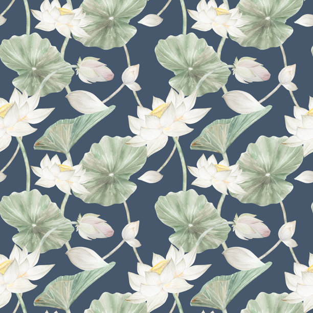 水彩荷花无缝图案荷花，花蕾和叶子。水彩插画，手绘荷花设计图片下载