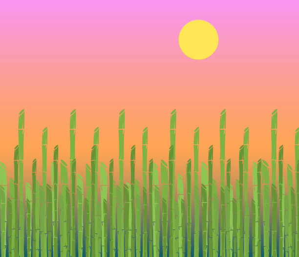 黄色阳光下生长的绿色竹林极简插画图片下载