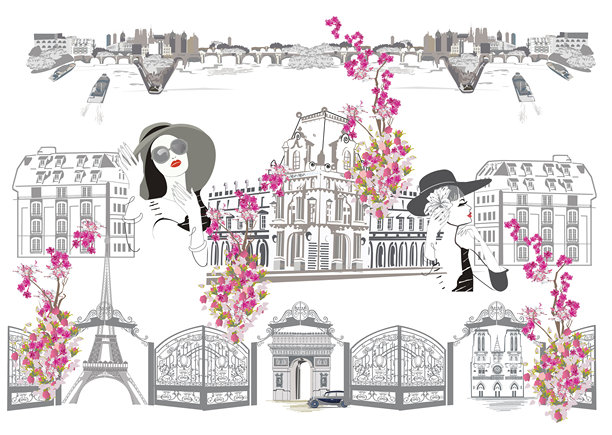 一套巴黎符号，埃菲尔铁塔，戴着帽子的时尚女孩，建筑元素。图片下载