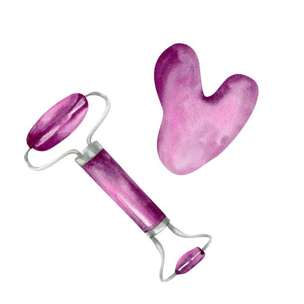 瓜沙脸部按摩天然玉石水彩插画。手绘健康和身体护理工具，女性护肤化妆品，水疗中心装饰，海报，包装。美容博客，网页设计图片下载