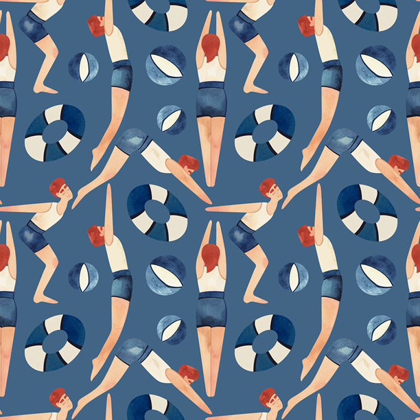 无缝图案与漂浮的男人在复古风格。游泳。蓝色背景水彩插图图片下载