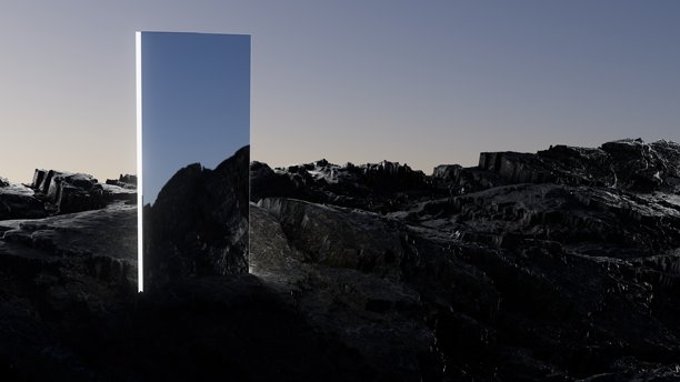 三维插图镜面火山景观在夜间沙漠图片下载