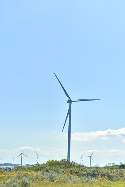 户外风车照片，可再生能源概念摄影与风电场。可持续能源，绘有现代科技。图片下载
