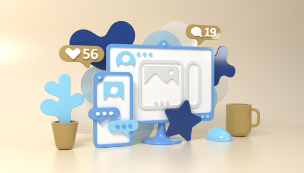 社交媒体3d风格的概念插图与智能手机，电脑，杯子和花。社交网络让人交流。喜欢，评论和关注图标。图片下载