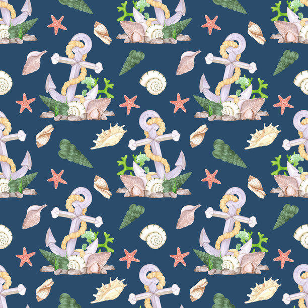 手绘水彩锚和贝壳无缝图案隔离在深蓝色的背景。海洋插图可用于纺织、织物、包装等印刷品。图片下载